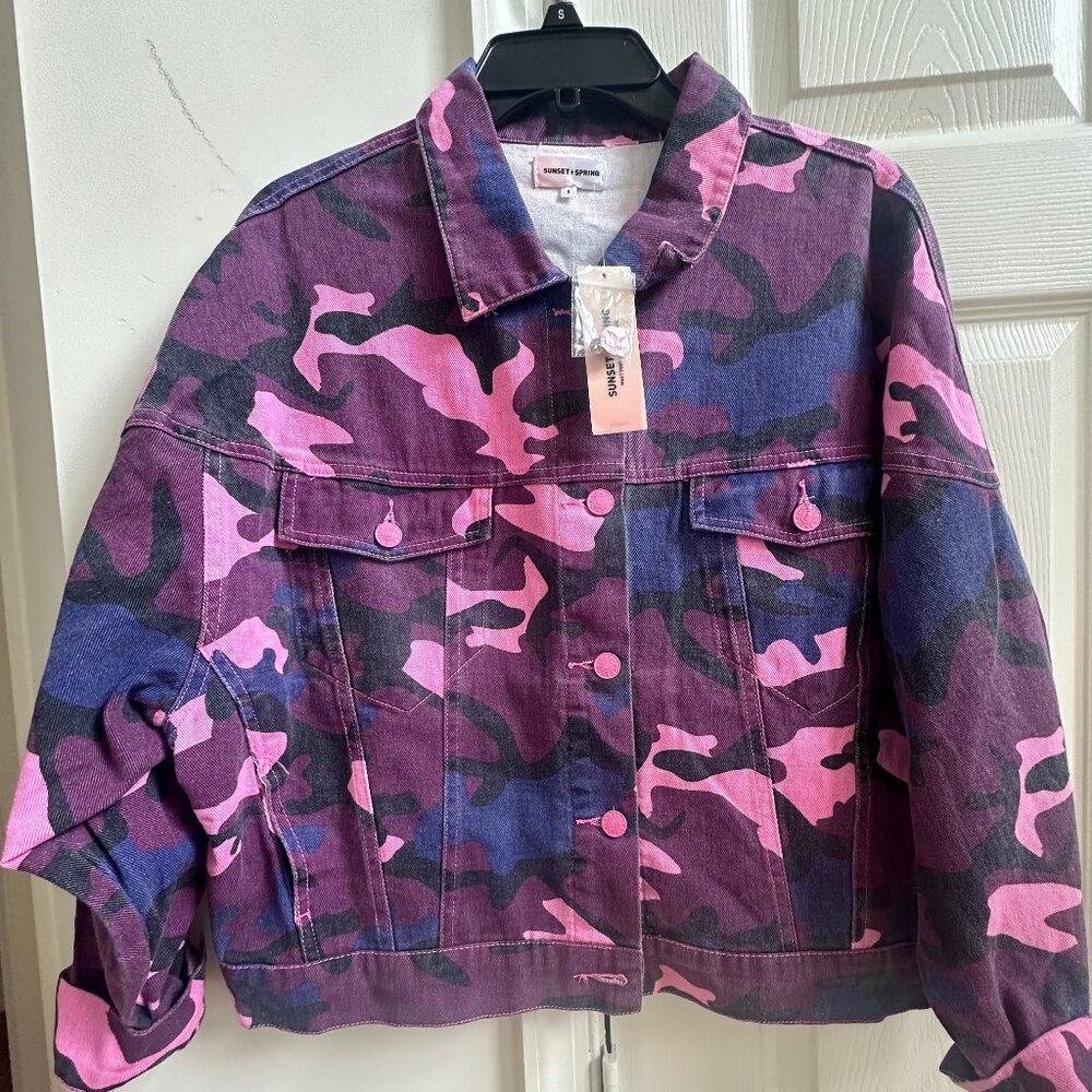 The Sunset & Spring denim Camo jacket in pink and purple